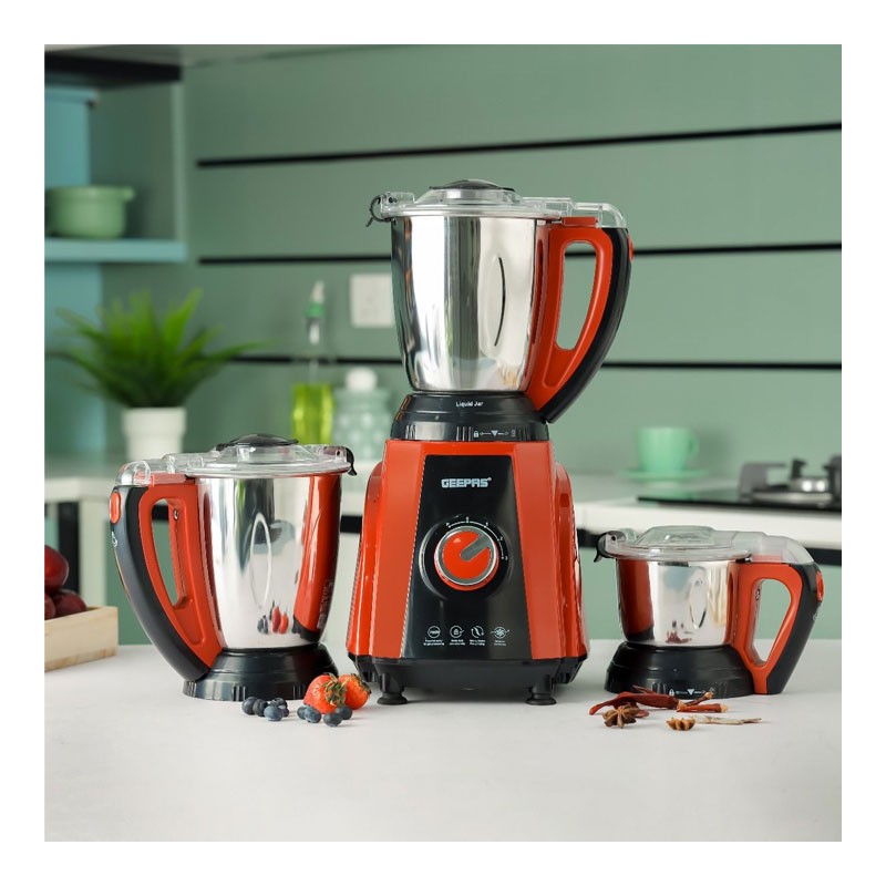 Geepas, 750W, 3 Speed Setting, 1.5L Blending Jar And Grinder Jar, Wet And Dry Grinder, Pulse Function, 0.5L Chutney Jar, 3 In 1 Mixer Grinder, GSB44040-31016