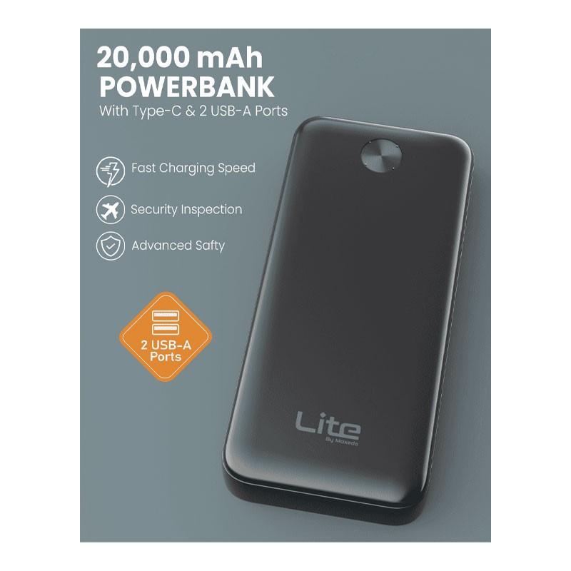 Moxedo Lite 20,000 mAh Fast Charging With 2 USB A Ports And 1 USB C Input Output Port, Power Bank, MX-PB012-33014