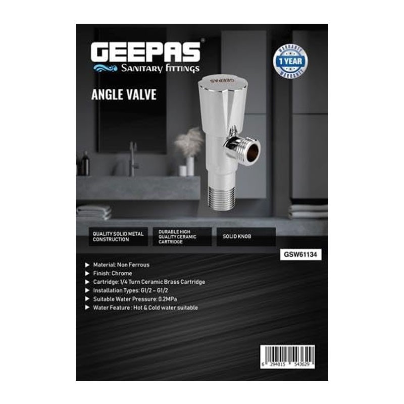 Geepas, Silver With Chrome Plated, Quick Turn Cartridge, 1X100 Angle Valve, GSW61134-29004
