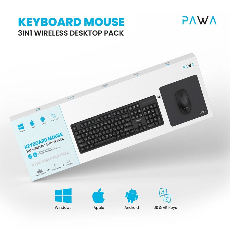 Pawa Keyboard And Mouse, Mouse Pad, 3 In 1 Wireless Desktop Pack, PW-KMP24BTW-BK-28555