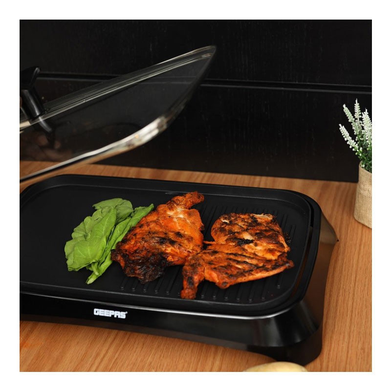 Geepas, Adjustable Thermostat, Non Stick Smokeless Grill Indoor With Glass Lid, Overheat Protection, On Indicator Light, 1600W Electric Barbeque Grill, GBG63040-28798