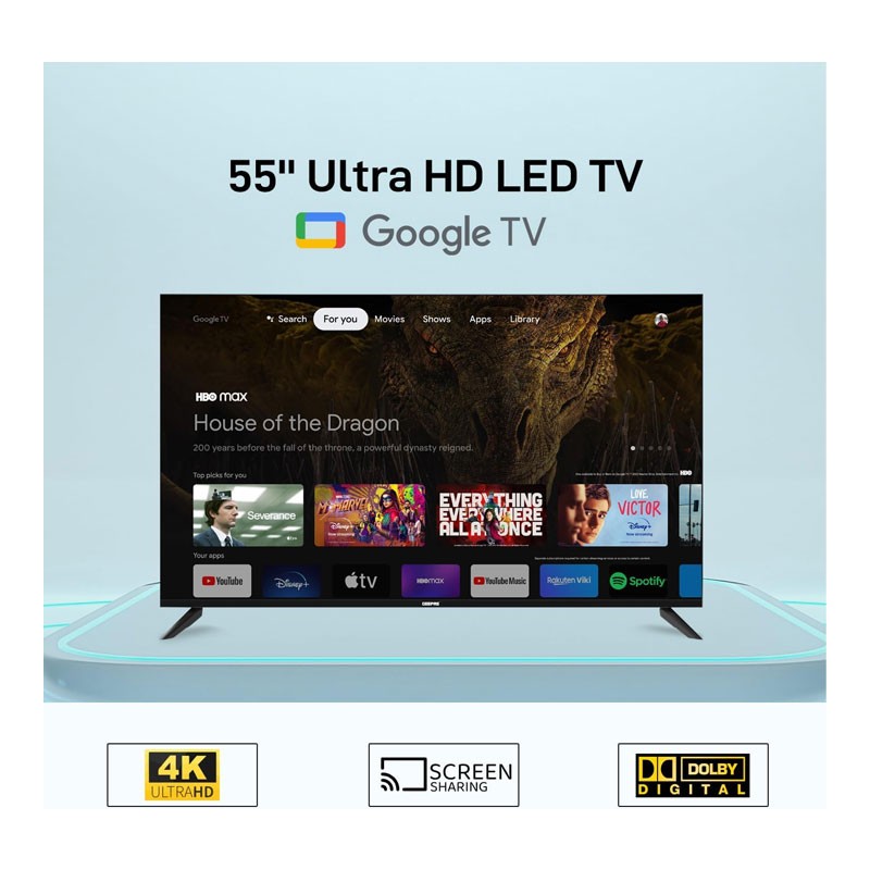 Geepas, Google TV, Dolby Audio, Built In Chromecast, Remote Control, HDMI And USB Ports, Licensed Contents And Pre Installed Apps, WiFi And Screen Sharing, 55 Inch Smart Ultra HD LED TV, GLED5506SGXHD-33569