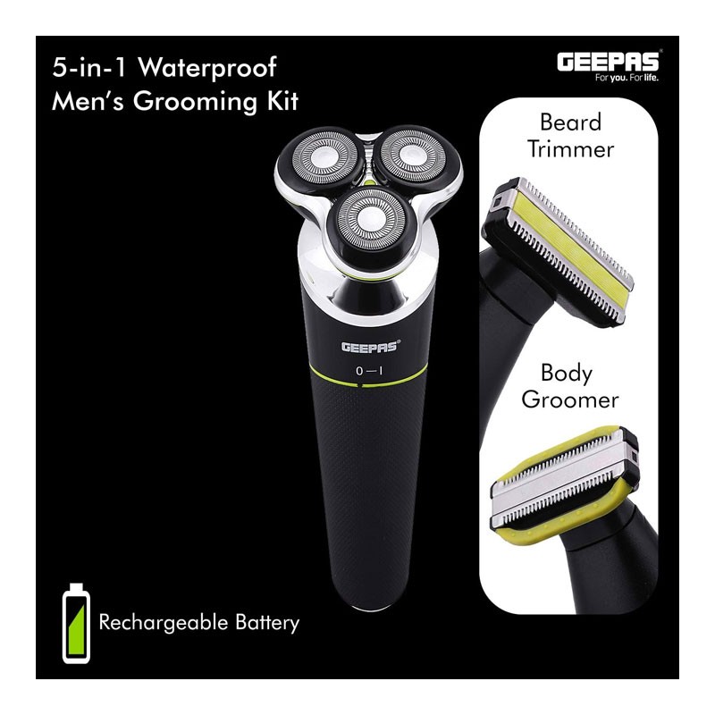Geepas, Floating Blade, Men Electric Razor Beard Trimmer, Grooming Kit Rotary Cordless Body With Stand, Nose Hair Trimmer, Waterproof, 5 In 1 Grooming Kit, GTR56025UK -34055