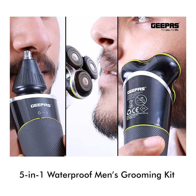 Geepas, Floating Blade, Men Electric Razor Beard Trimmer, Grooming Kit Rotary Cordless Body With Stand, Nose Hair Trimmer, Waterproof, 5 In 1 Grooming Kit, GTR56025UK -34057
