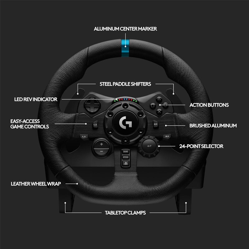 Logitech G923, Responsive Driving Design, Dual Clutch Launch Control, Genuine Leather Steering Wheel Cover, Gaming Racing Wheel And Pedals For PS4 And PS5-27981
