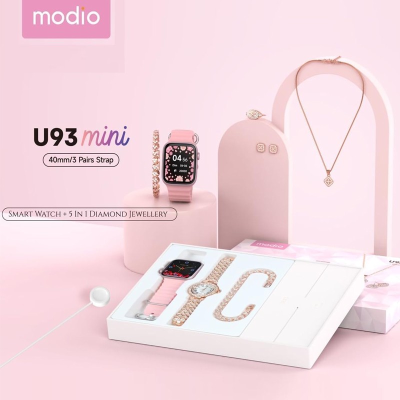 Modio U93 Mini 40 mm Smart Watch with 3 pair strap and stylish analogue watch with Diamond jewellery accessories combo for ladies and girls-362