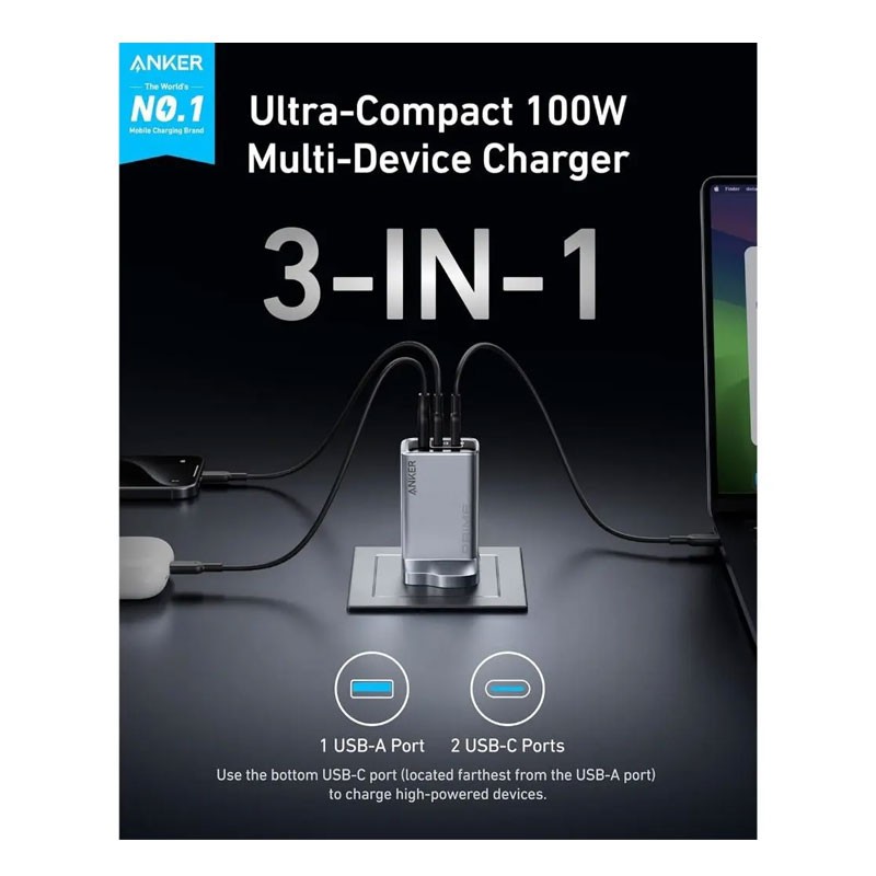 Anker GaN Prime 100W USB C Foldable 3 Port Charger, A2688241-29023