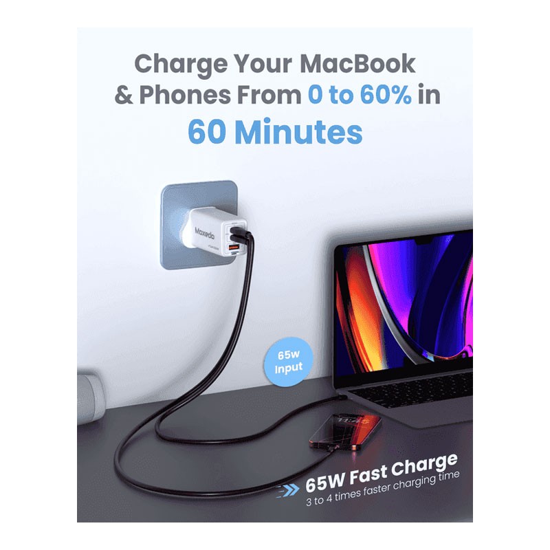 Moxedo Volton Pro PD GaN Charger 65W PD 3.0 With Dual USB-C, 1 USB A Port Adapter Wall Charger, MX-C029-34076