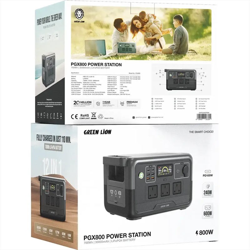 Green Lion PGX800 Power Station 768Wh 30000mAh LiFePO4, 800W AC Output, Fast AC & Solar Recharge – GNPGX800PSBK-35656