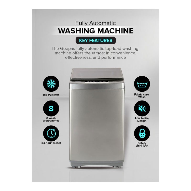Geepas, Fully Digital Control And Automatic Top Load Washing Machine, 8 Wash Programs With Strong Pulsator, 8KG Fully Automatic Washing Machine, Metallic Grey, GFWM8823SX -30942