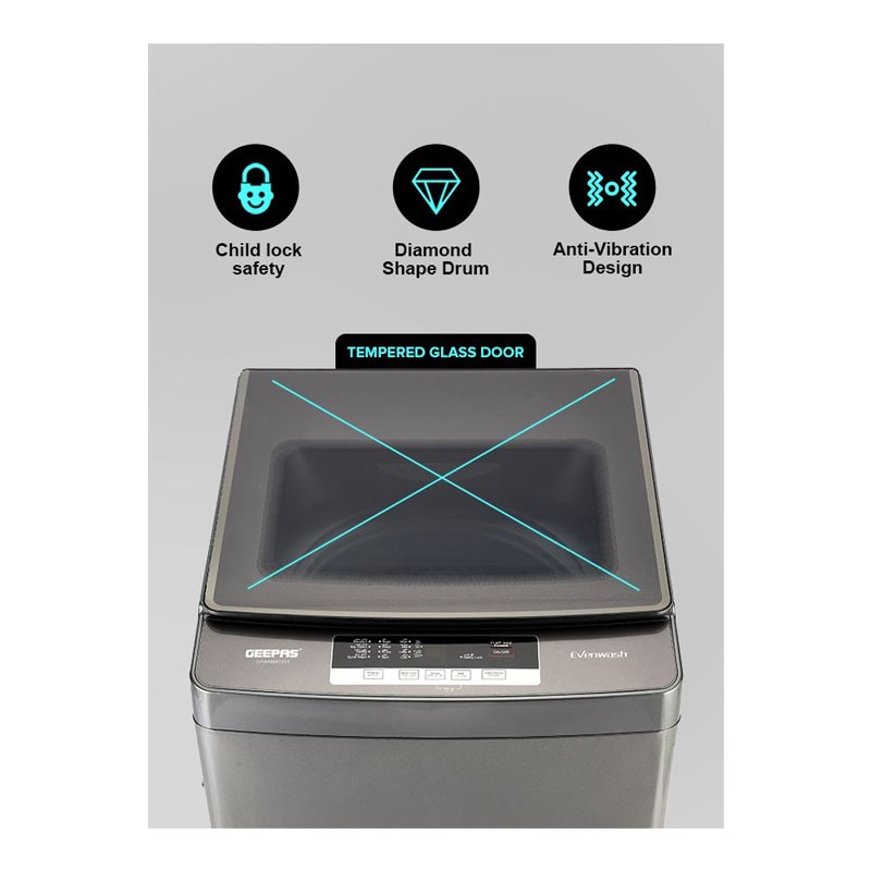 Geepas, Fully Digital Control And Automatic Top Load Washing Machine, 8 Wash Programs With Strong Pulsator, 8KG Fully Automatic Washing Machine, Metallic Grey, GFWM8823SX -30944