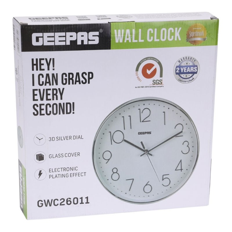 Geepas, Silent Non Ticking, Arabic Numeral Clock, Round Decorative Wall Clock, 3D Silver Dial Wall Clock, GWC26011-31160
