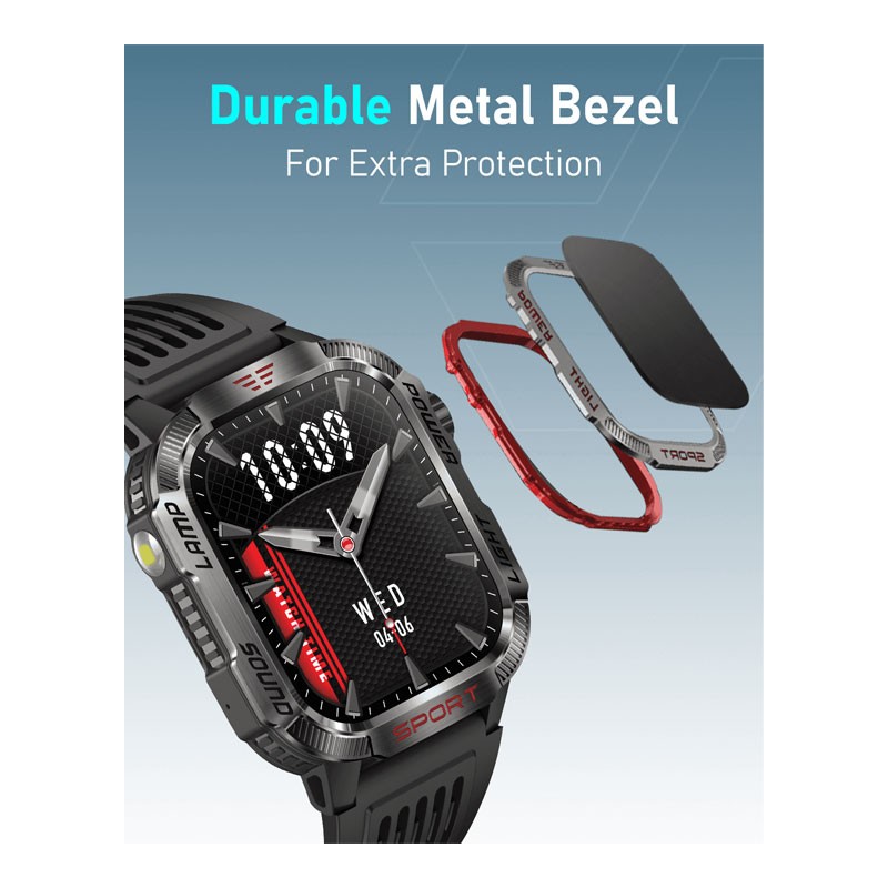 Moxedo Warrior Military Smart Watch With LED Flash Light 2.01 IPS HD Large Display, Bluetooth Calling, 100 Plus Watch Faces With Built In Compass, For Android And iOS, Black, Smart Watch, MX-SW013-BK-34063