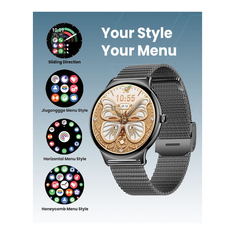 Moxedo Glory, 1.43 Inch Amoled HD Display Fitness Watch Real Time Health Monitoring, 100 Plus Watch Faces, 120 Plus Sports Modes Fitness Activity Tracker, For iOS And Android, Smart Watch For Women, Black, MX-SW012-BK-33007