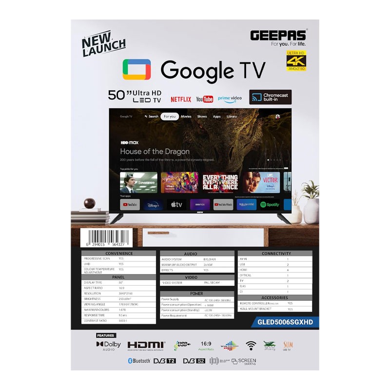 Geepas, Google TV, Dolby Audio, Built In Chromecast, Remote Control, HDMI And USB Ports, Licensed Contents And Pre Installed Apps, WiFi And Screen Sharing, 55 Inch Smart Ultra HD LED TV, GLED5506SGXHD-33576