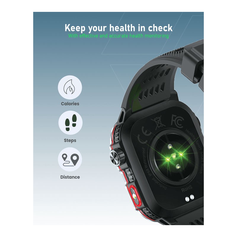 Moxedo Warrior Military Smart Watch With LED Flash Light 2.01 IPS HD Large Display, Bluetooth Calling, 100 Plus Watch Faces With Built In Compass, For Android And iOS, Black, Smart Watch, MX-SW013-BK-34060