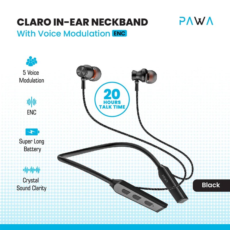 Pawa Claro ENC Bluetooth Wireless Neckband With Voice Modulation, Crystal Sound Clarity, Black-19160