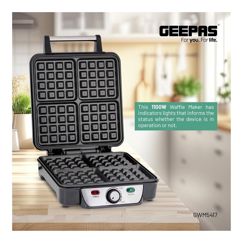 Geepas, 4 Slice Non Stick Electric Belgian Waffle Maker With Adjustable Temperature Control, 1100W Electric Waffle Maker, GWM5417 -32227