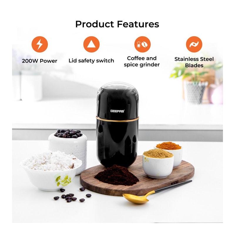Geepas, 80g Capacity, 200W Powerful Motor, Durable Stainless Steel Jar And Blade, ABS Housing, Ergonomic Grip, Coffee Grinder, GCG41023-29458