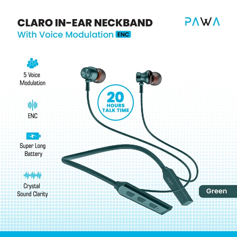 Pawa Claro ENC Bluetooth Wireless Neckband With Voice Modulation, Crystal Sound Clarity, Green-19158