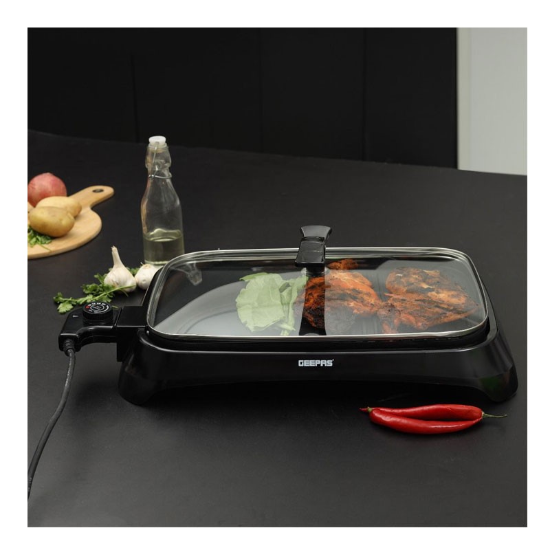 Geepas, Adjustable Thermostat, Non Stick Smokeless Grill Indoor With Glass Lid, Overheat Protection, On Indicator Light, 1600W Electric Barbeque Grill, GBG63040-28796