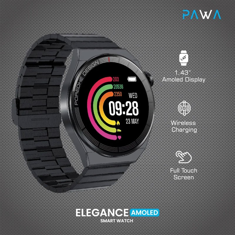 Pawa Elegance, 1.43 Inch HD Large Amoled Screen, Wireless Charging, Activity Tracking, Bluetooth Calls, Smart Watch, Black-19194