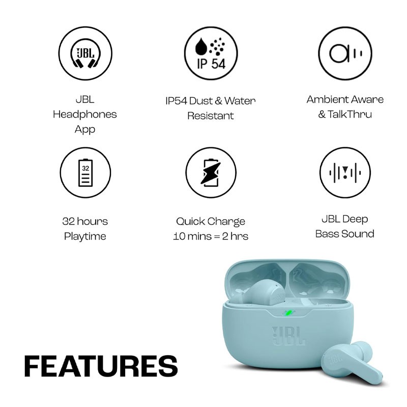 JBL Wave Beam, TWS With Mic, Customized Extra Bass Eq, 32 Hours Battery And Quick Charge, Ip54 Water And Dust Resistance, Ambient Aware, Google Fastpair, In Ear Wireless Bluetooth Earbuds, HSWBEAM-31654