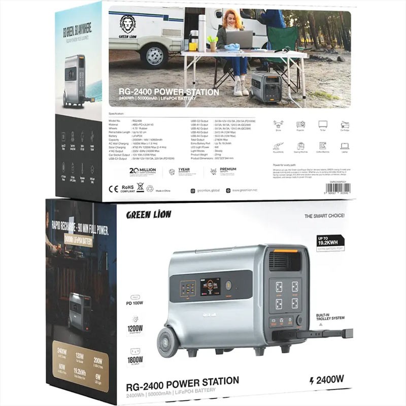 Green Lion RG-2400 Power Station, 2400Wh 50,000mAh LiFePO₄ Generator, 4 AC Outlets, 1200W Solar Input, 1800W AC Charging – Grey-35653