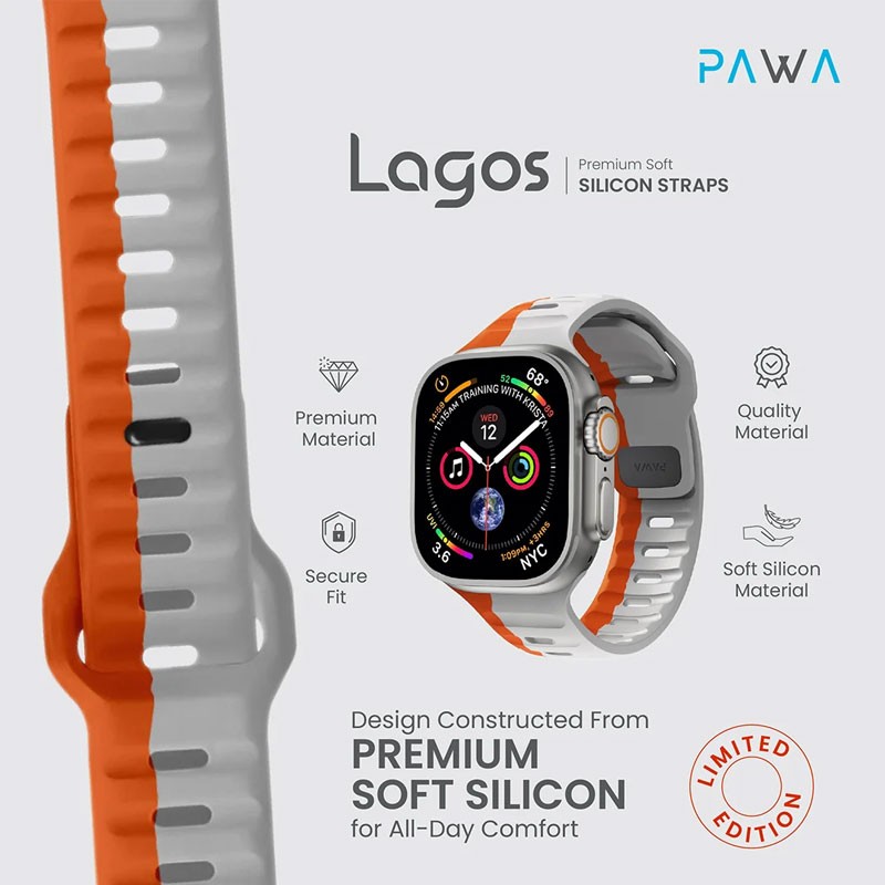 Pawa Lagos Water And Sweat Resistant Limited Edition Premium Soft Silicon Straps, Grey And Orange-19222