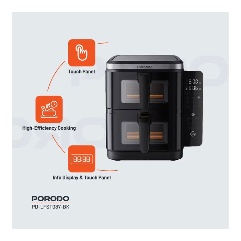 Porodo Lifestyle, 11L Capacity, Timer, Info Display And Touch Panel, Double Stack Air Fryer With 12 Presets, Black, PD-LFST087-BK-32712
