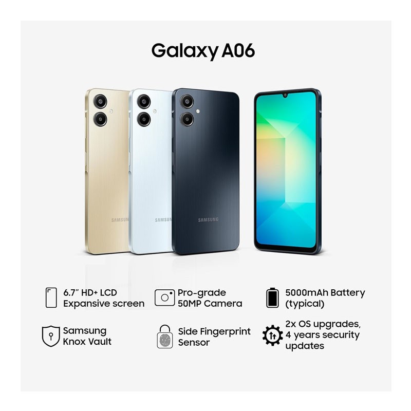 Samsung Galaxy A06, 4GB RAM, 128GB Storage, 6.7 Inch HD Plus Display, 50MP Camera, 5000mAh Battery, Fingerprint Sensor, Dual SIM, Android Smartphone, Black-30517