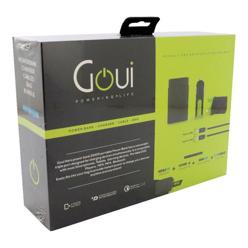 Goui, Kigo 10000mAh Power Bank, Mini 20w Fast Charging Wall Charger, Viper Car Charger, Classic Type C To Micro USB Cable, Soft Bag, 5 In 1 Bundle-29854