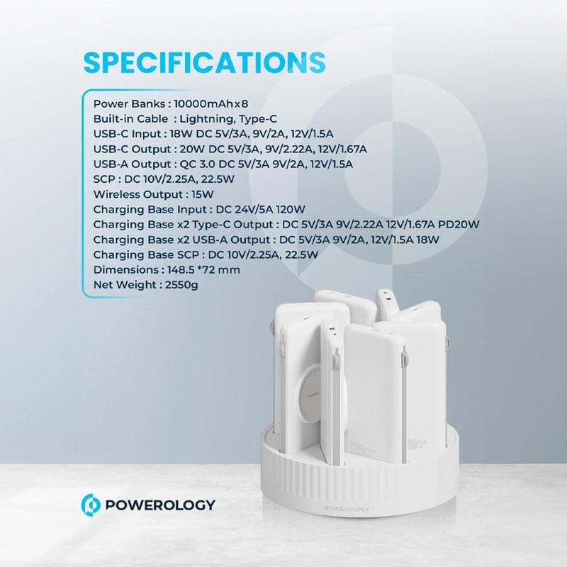 Powerology 8in1 Station 10000mAh PD 120W QC Wireless Power, Bank-35767