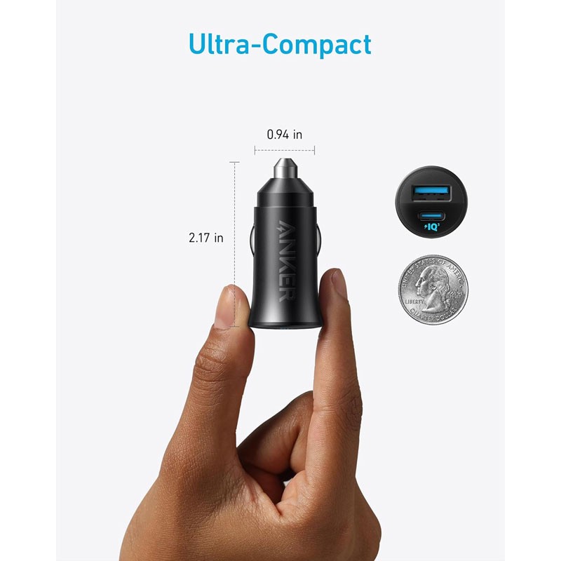 Anker PowerDrive Dual Port Car Charger 30W Fast Charging USB C USB A Black, A2741H11-36407