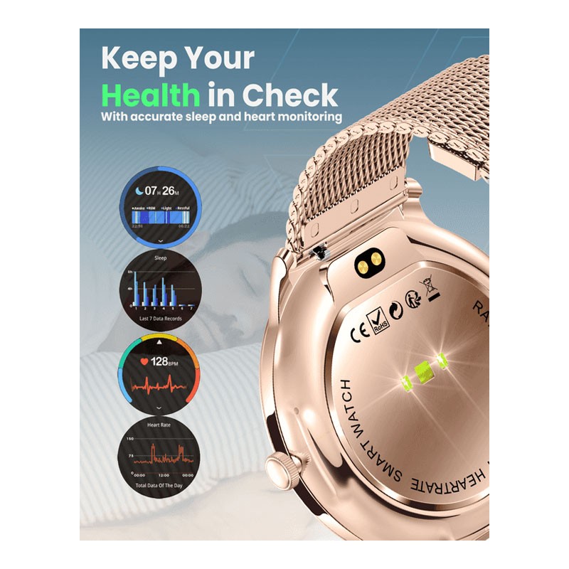 Moxedo Glory, 1.43 Inch Amoled HD Display Fitness Watch Real Time Health Monitoring, 100 Plus Watch Faces, 120 Plus Sports Modes Fitness Activity Tracker, For iOS And Android, Smart Watch For Women, Rose Gold, MX-SW012-RG-33001