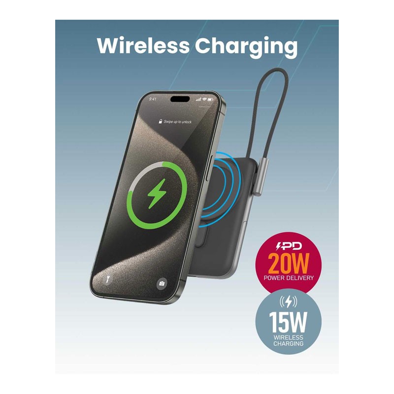 Moxedo Porta Go Wireless Charging Power Bank 10,000mAh With Built In USB C Cable And Phone Stand, MX-WPB012-34071
