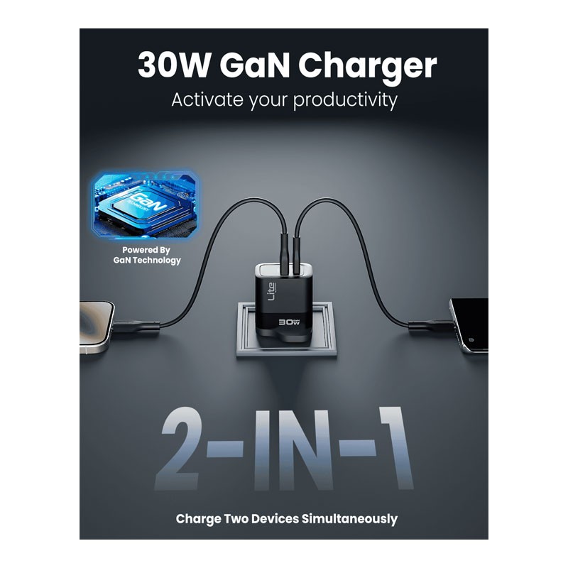 Moxedo Lite 30W GaN Charger USB A, USB C Ports, Fast Charging PD 3.0, ML-C011-34084
