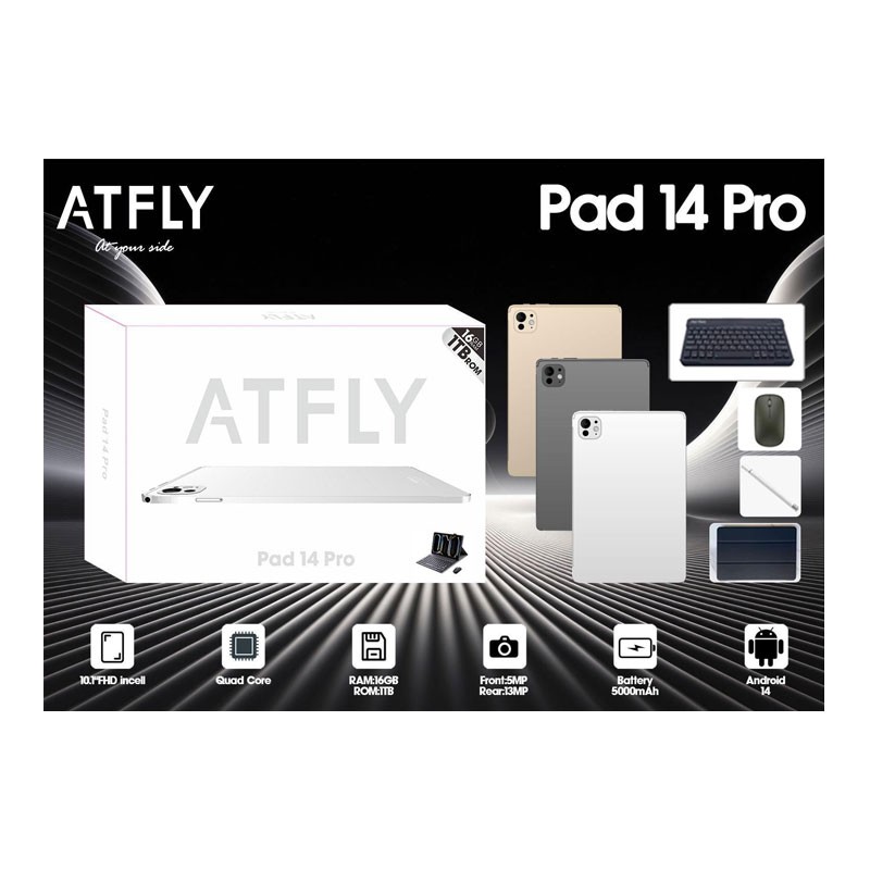 Atfly Pad 14 Pro, 16GB RAM, 1TB Storage, 5000mAh Battery, 10.1 FHD Incell Display, 13MP And 5MP Camera, Keyboard, Mouse, Tablet Cover, Android Tablet With Free Gifts-30394