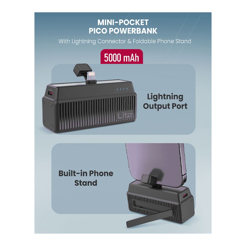 Moxedo Lite Mini Pocket Power Bank 20W Fast Charging Power Delivery With Lightning Connector, 5000mAh Power Bank With Foldable Phone Stand, MX-CPB030-32956