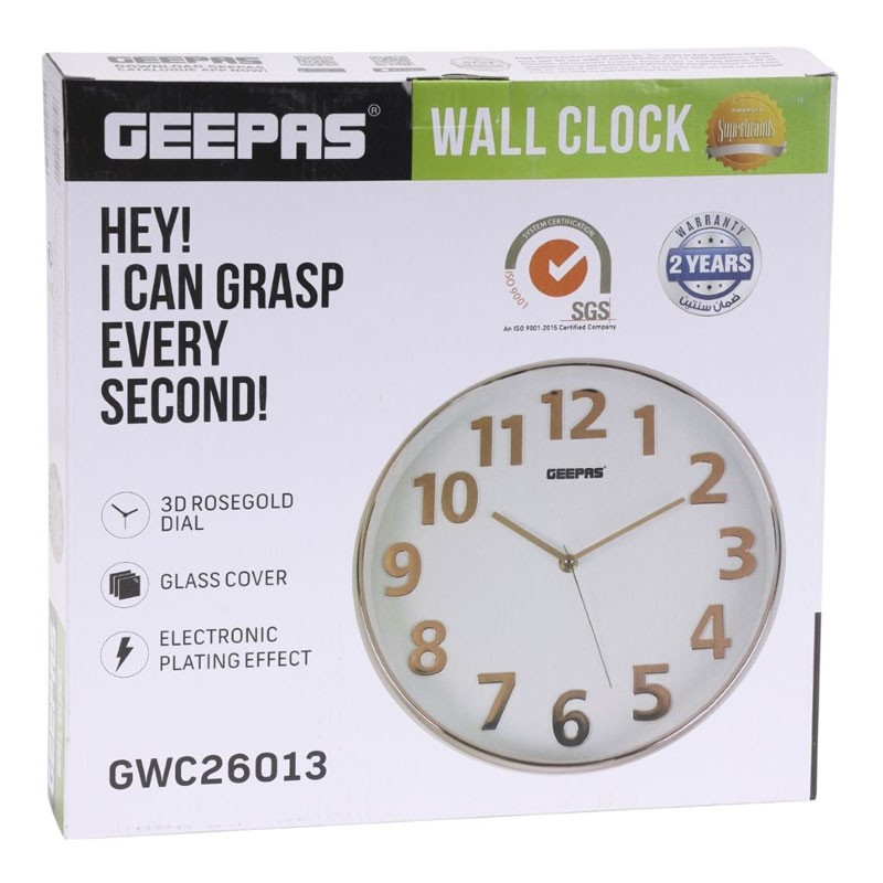 Geepas, Silent Non Ticking, Arabic Numeral Clock, Round Decorative Wall Clock, 3D Silver Dial Wall Clock, GWC26013-31166