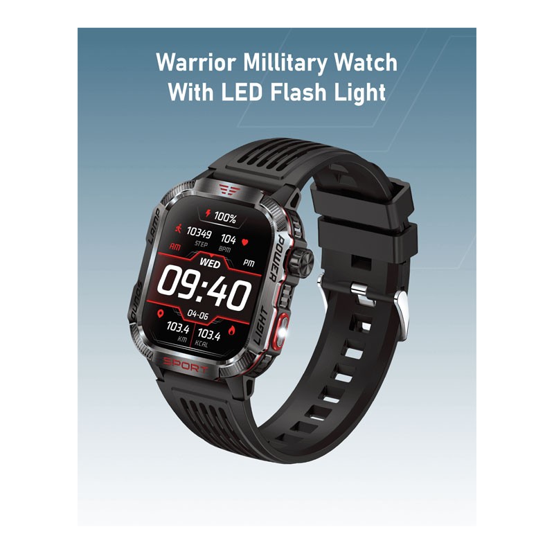 Moxedo Warrior Military Smart Watch With LED Flash Light 2.01 IPS HD Large Display, Bluetooth Calling, 100 Plus Watch Faces With Built In Compass, For Android And iOS, Black, Smart Watch, MX-SW013-BK-34061