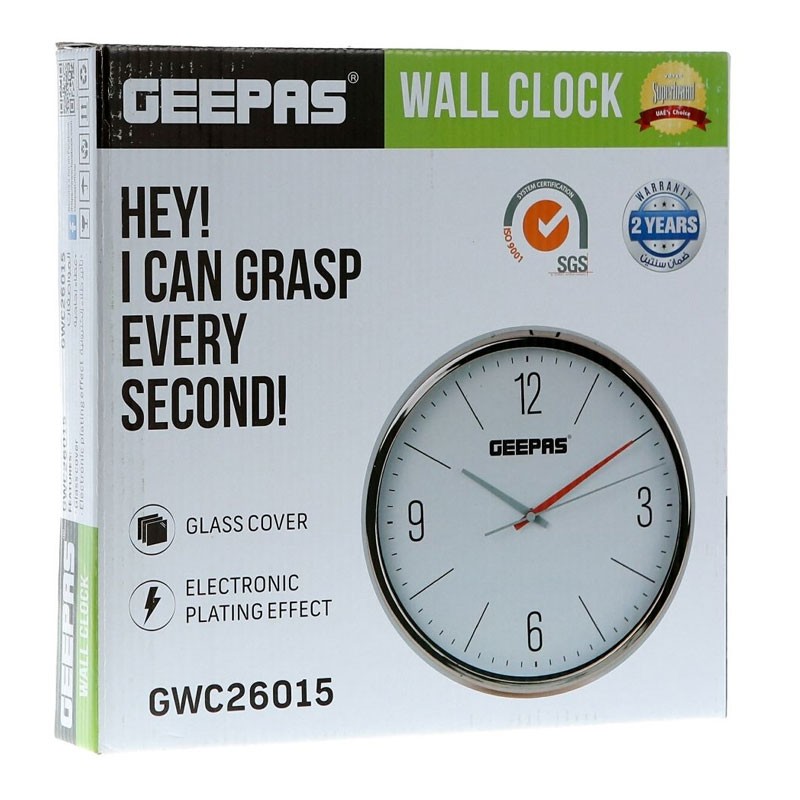 Geepas, Silent Non Ticking, Arabic Numeral Clock, Round Decorative Wall Clock, 3D Silver Dial Wall Clock, GWC26015-31169