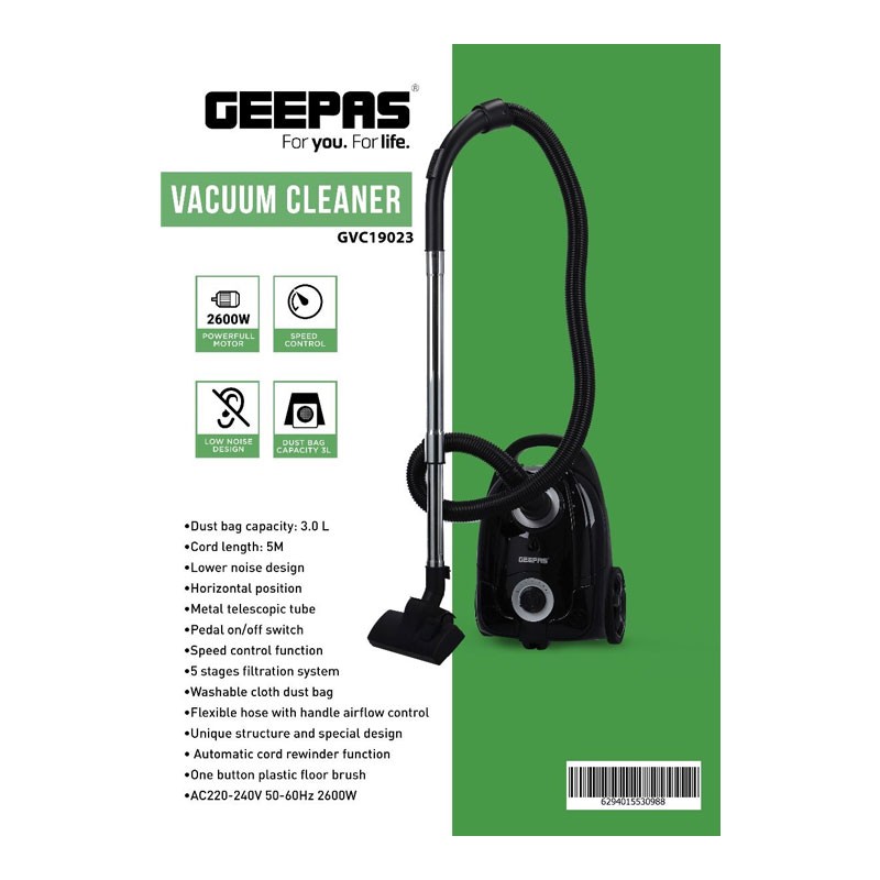 Geepas, 2600W Powerful Motor, 3L Capacity Cloth Bag And Metal Tube, Speed Control With Low Noise, Vacuum Cleaner, GVC19023-31104