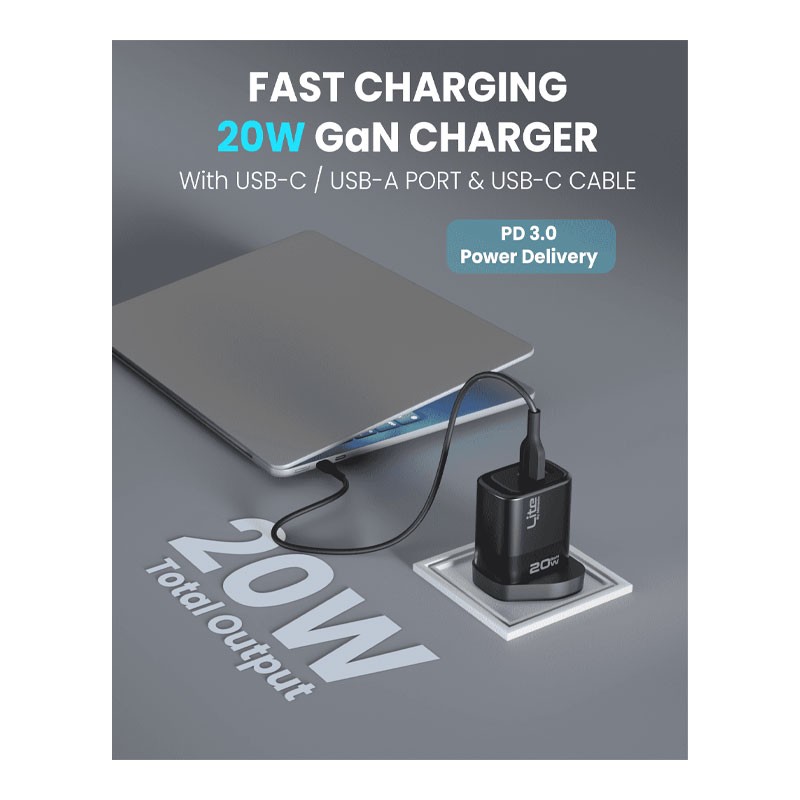 Moxedo Lite 20W GaN Charger USB-A, USB C Ports, Fast Charging PD 3.0 With USB C To USB C 1.2 Meter Cable, ‎ML-C012-C-34083