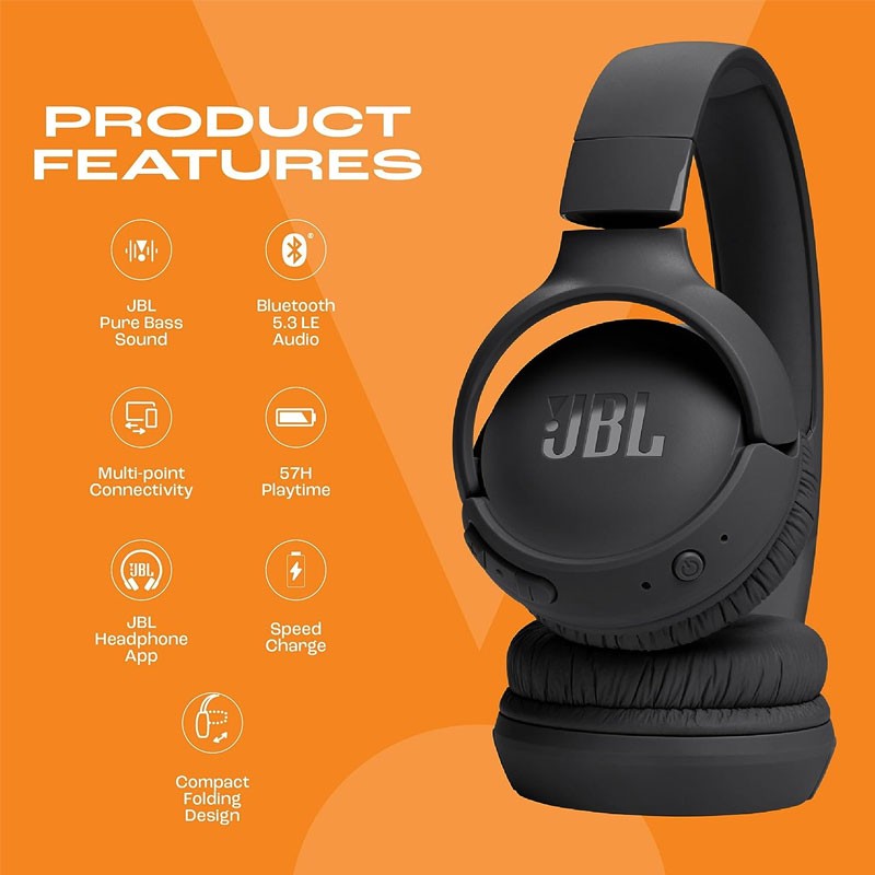 JBL Tune 520BT, Pure Bass Sound And Mic, Upto 57 Hrs Playtime, Customizable Bass With App, Wireless On Ear Bluetooth Headphones-11377