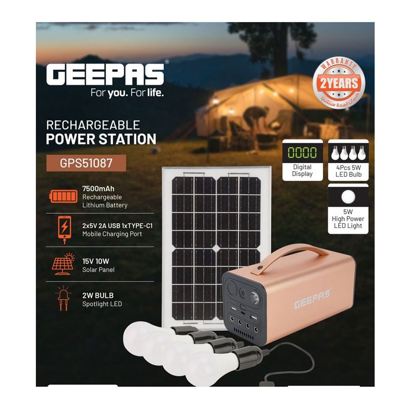 Geepas, 2X5V 2A USB, 1 X Type C1 Mobile Charging Port, 15V 10W Solar Panel, Spotlight LED, Aluminum Alloy Body, Digital Display, Rechargeable Power Station With 7500mAh Rechargeable Lithium Battery, GPS51087-33843