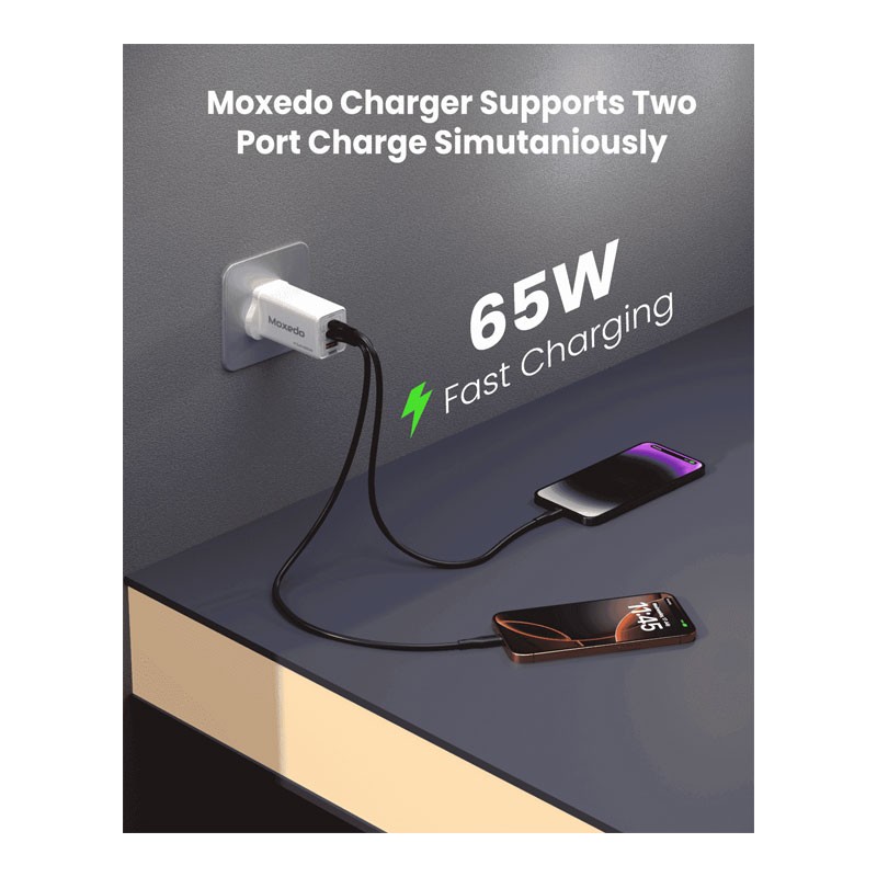 Moxedo Volton Pro PD GaN Charger 65W PD 3.0 With Dual USB-C, 1 USB A Port Adapter Wall Charger, MX-C029-34075