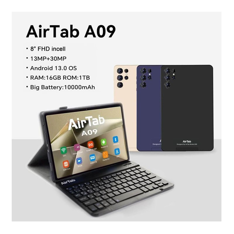 AirTab A09, 8 Inch FHD Screen, 1TB Internal Memory, 16GB RAM, Powerful 10,000mAh Battery, Android Tablet With Wireless Keyboard-31555