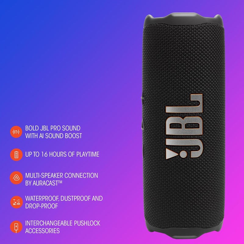JBL Flip 7 Portable Waterproof and Drop-Proof Speaker, Bold Pro Sound with AI Sound Boost, 16Hrs of Playtime, and PushLock System with Interchangeable Accessories Black-36125