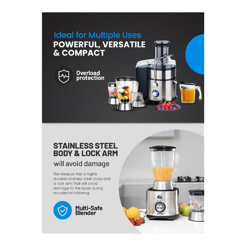 Geepas, Compact Electric Blender, Juicer, Chopper And Grinder, 2 Speed Pulse Function For Ice Crusher, 800W, 4 In 1 Juicer And Blender, GSB5451 -31054